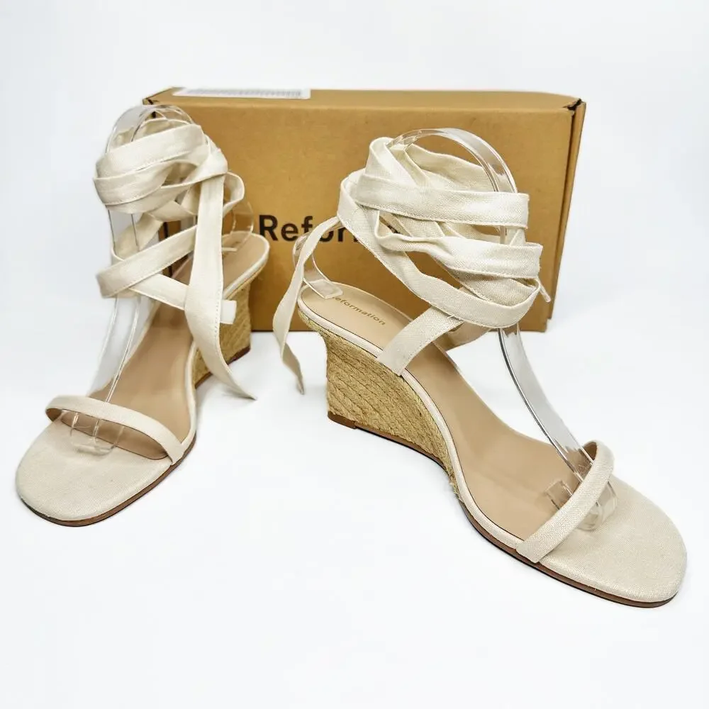 NWT Reformation Alessa Lace Up Cream Linen Wedge Espadrilles Shoes Size 9